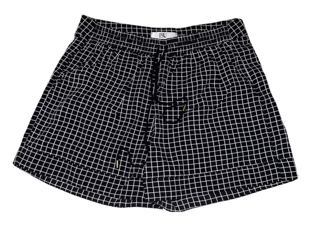 38-Drawstring Square Print Black Shorts