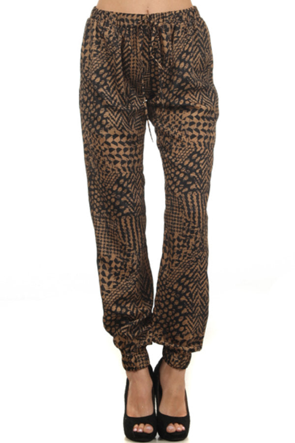 33-Brown Print Pants W/Elastic Waist