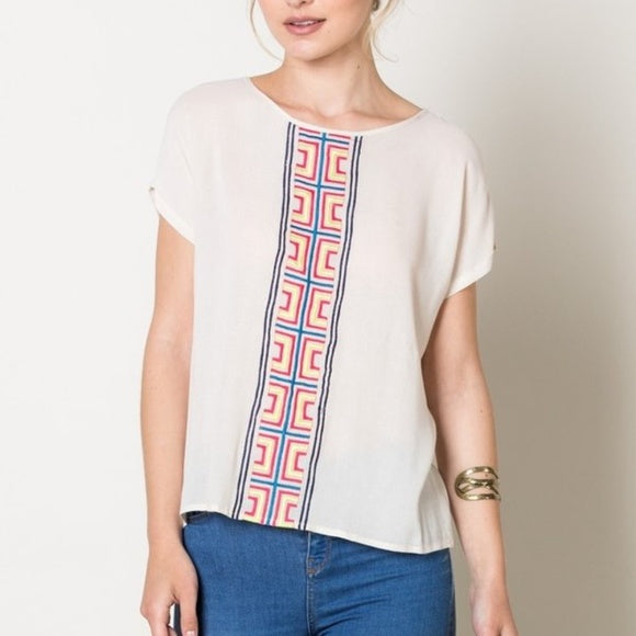 9-Beige Tribal Short Sleeve Top With Center Embroidery